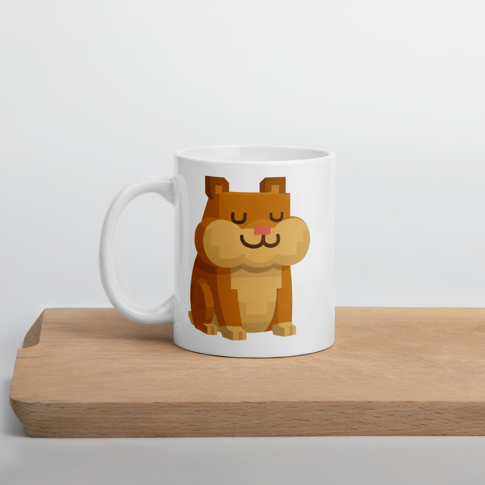 Der zufriedene Hamster – Weiße, glänzende Tasse im Pixelbauwelt-Stil