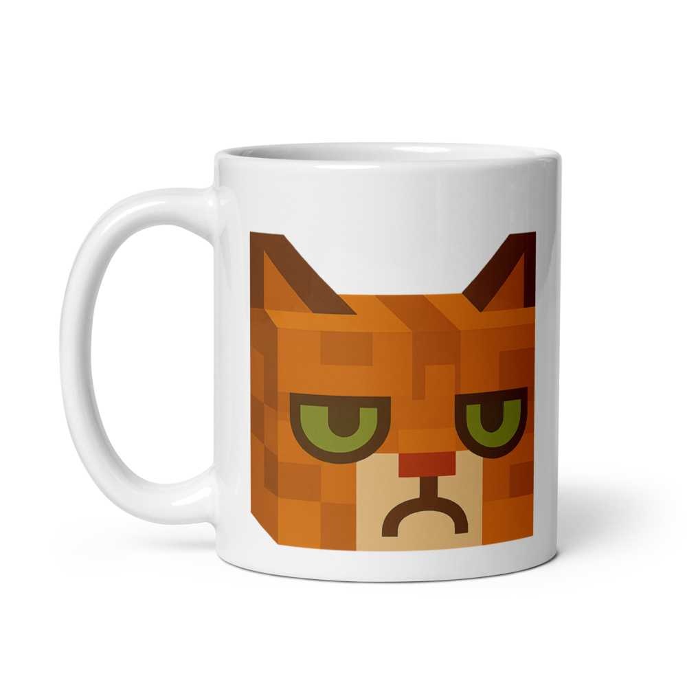 Grumpy Cat – Weiße, glänzende Tasse im Pixelbauwelt-Stil