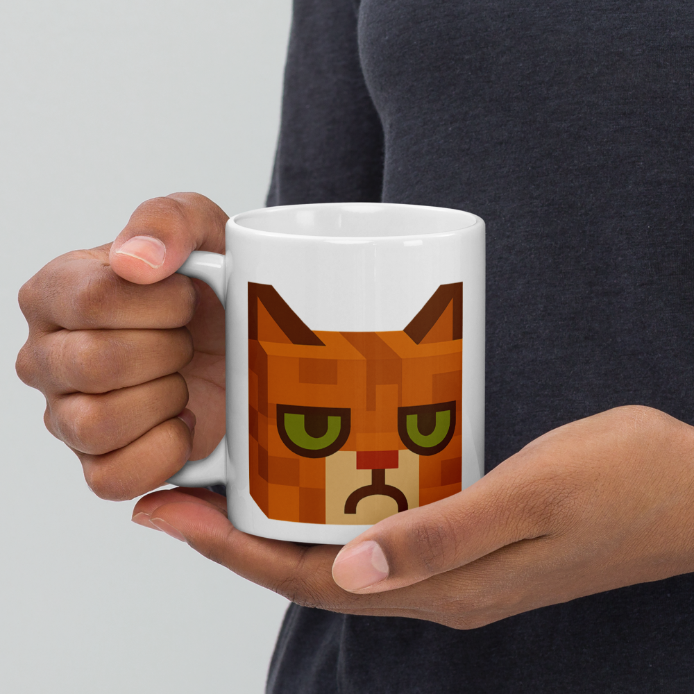 Grumpy Cat – Weiße, glänzende Tasse im Pixelbauwelt-Stil