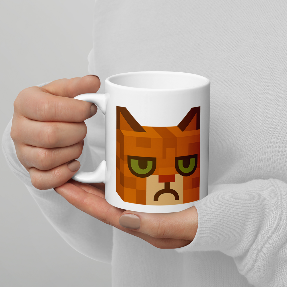 Grumpy Cat – Weiße, glänzende Tasse im Pixelbauwelt-Stil