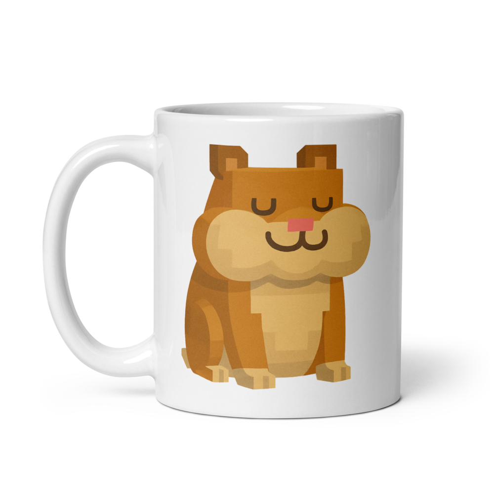 Der zufriedene Hamster – Weiße, glänzende Tasse im Pixelbauwelt-Stil