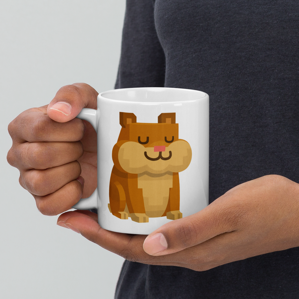 Der zufriedene Hamster – Weiße, glänzende Tasse im Pixelbauwelt-Stil