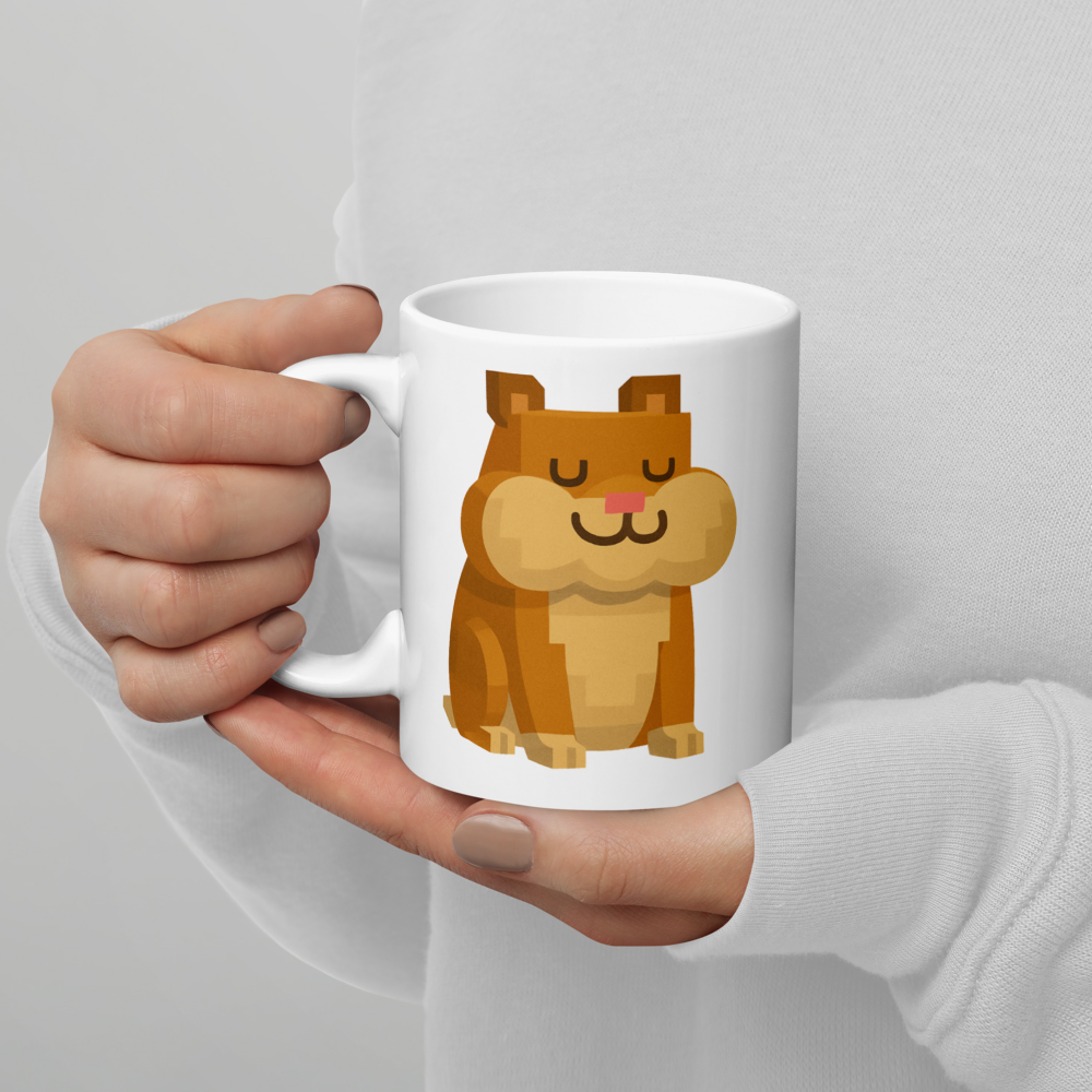 Der zufriedene Hamster – Weiße, glänzende Tasse im Pixelbauwelt-Stil