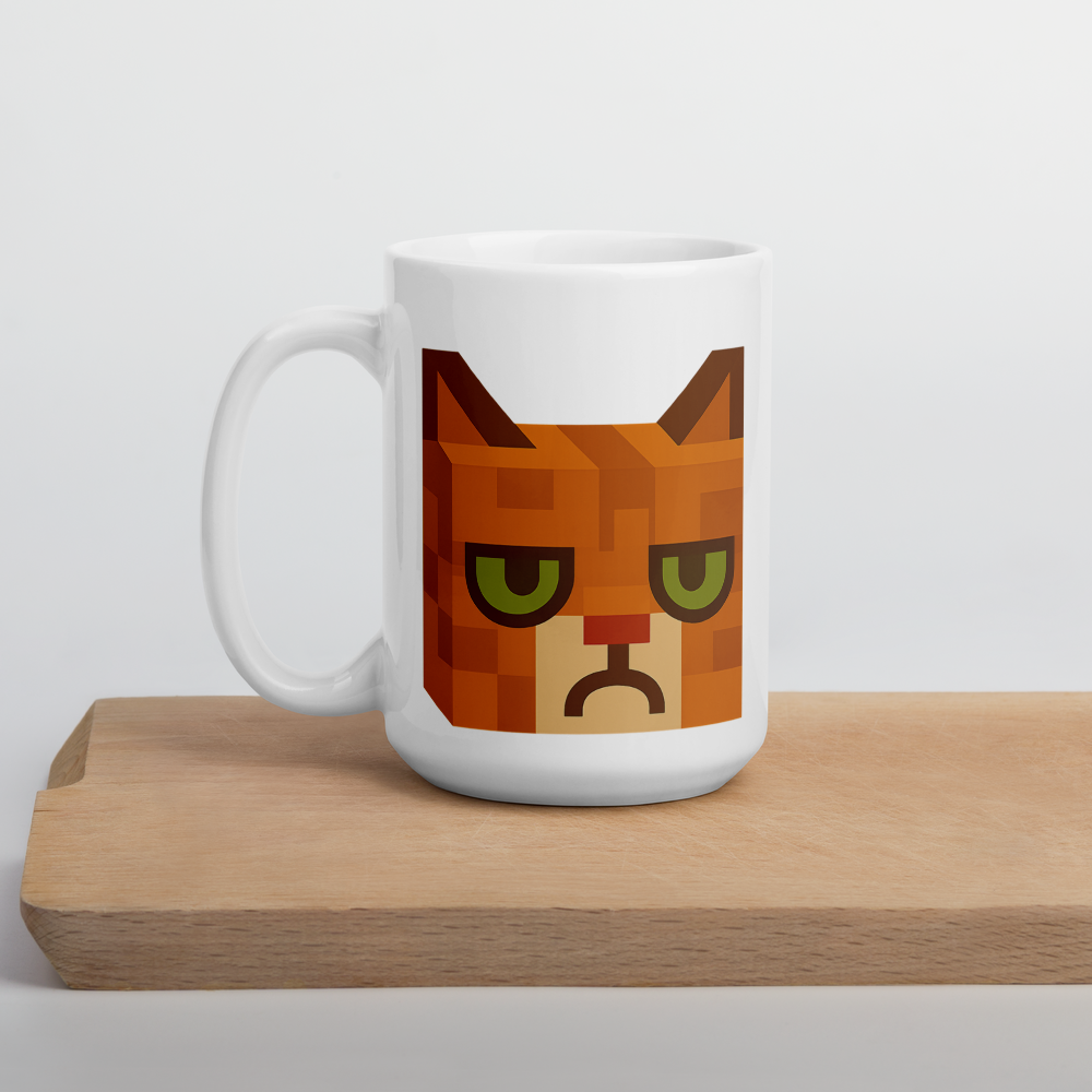 Grumpy Cat – Weiße, glänzende Tasse im Pixelbauwelt-Stil