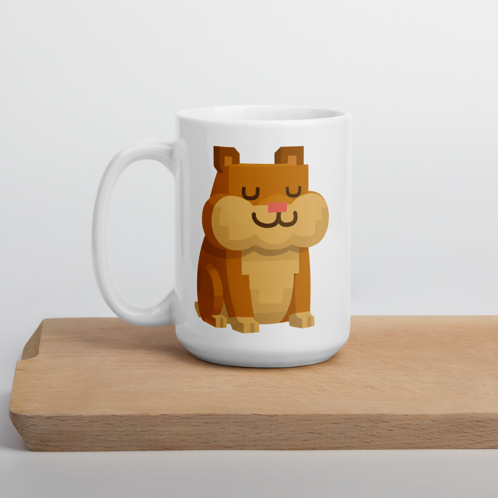 Der zufriedene Hamster – Weiße, glänzende Tasse im Pixelbauwelt-Stil