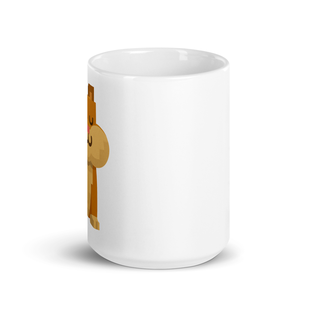 Der zufriedene Hamster – Weiße, glänzende Tasse im Pixelbauwelt-Stil