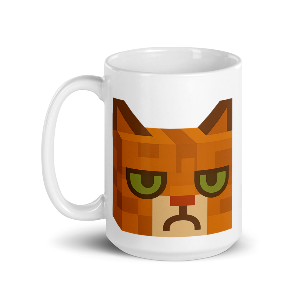 Grumpy Cat – Weiße, glänzende Tasse im Pixelbauwelt-Stil