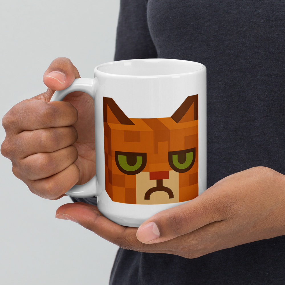 Grumpy Cat – Weiße, glänzende Tasse im Pixelbauwelt-Stil