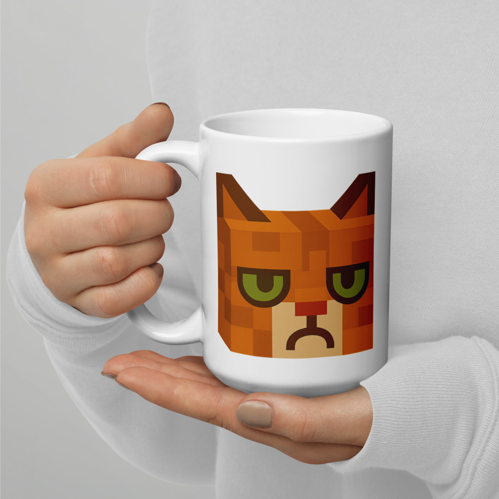 Grumpy Cat – Weiße, glänzende Tasse im Pixelbauwelt-Stil