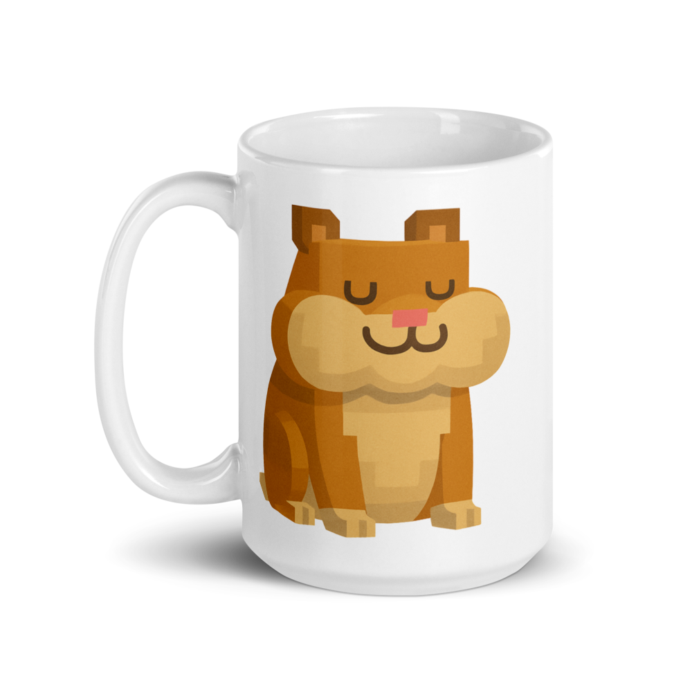 Der zufriedene Hamster – Weiße, glänzende Tasse im Pixelbauwelt-Stil