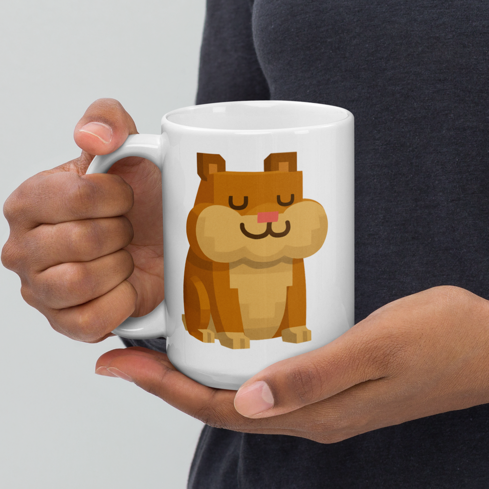 Der zufriedene Hamster – Weiße, glänzende Tasse im Pixelbauwelt-Stil