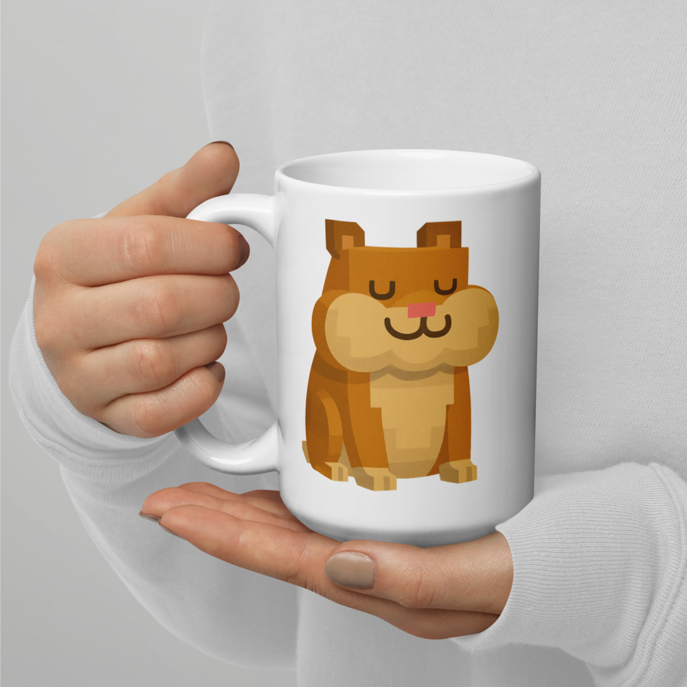 Der zufriedene Hamster – Weiße, glänzende Tasse im Pixelbauwelt-Stil
