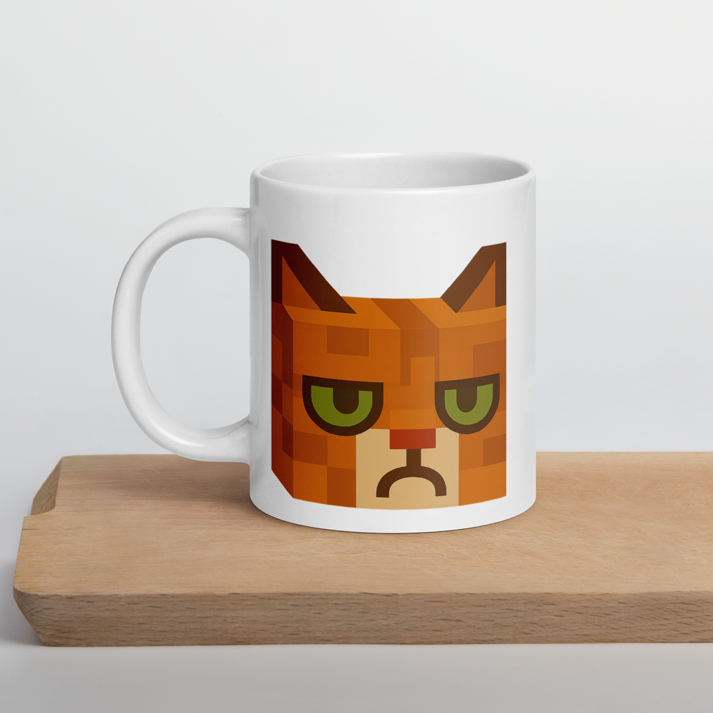 Grumpy Cat – Weiße, glänzende Tasse im Pixelbauwelt-Stil