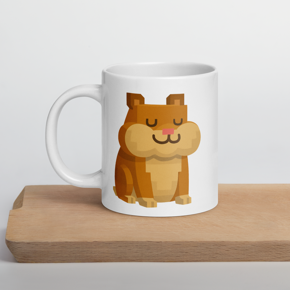 Der zufriedene Hamster – Weiße, glänzende Tasse im Pixelbauwelt-Stil