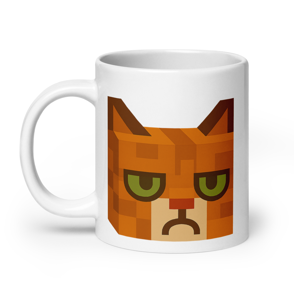 Grumpy Cat – Weiße, glänzende Tasse im Pixelbauwelt-Stil