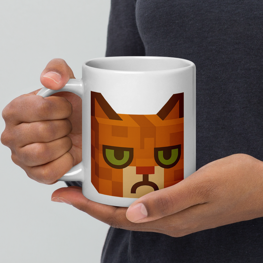 Grumpy Cat – Weiße, glänzende Tasse im Pixelbauwelt-Stil