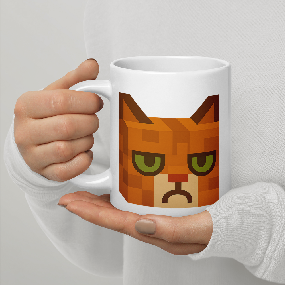 Grumpy Cat – Weiße, glänzende Tasse im Pixelbauwelt-Stil