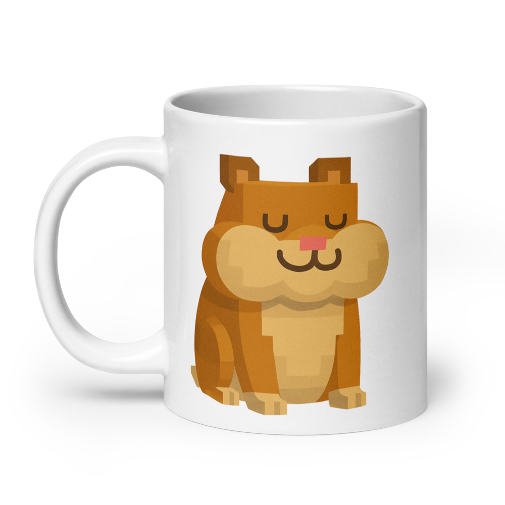 Der zufriedene Hamster – Weiße, glänzende Tasse im Pixelbauwelt-Stil