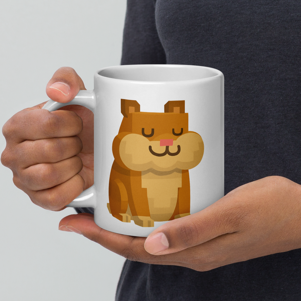 Der zufriedene Hamster – Weiße, glänzende Tasse im Pixelbauwelt-Stil