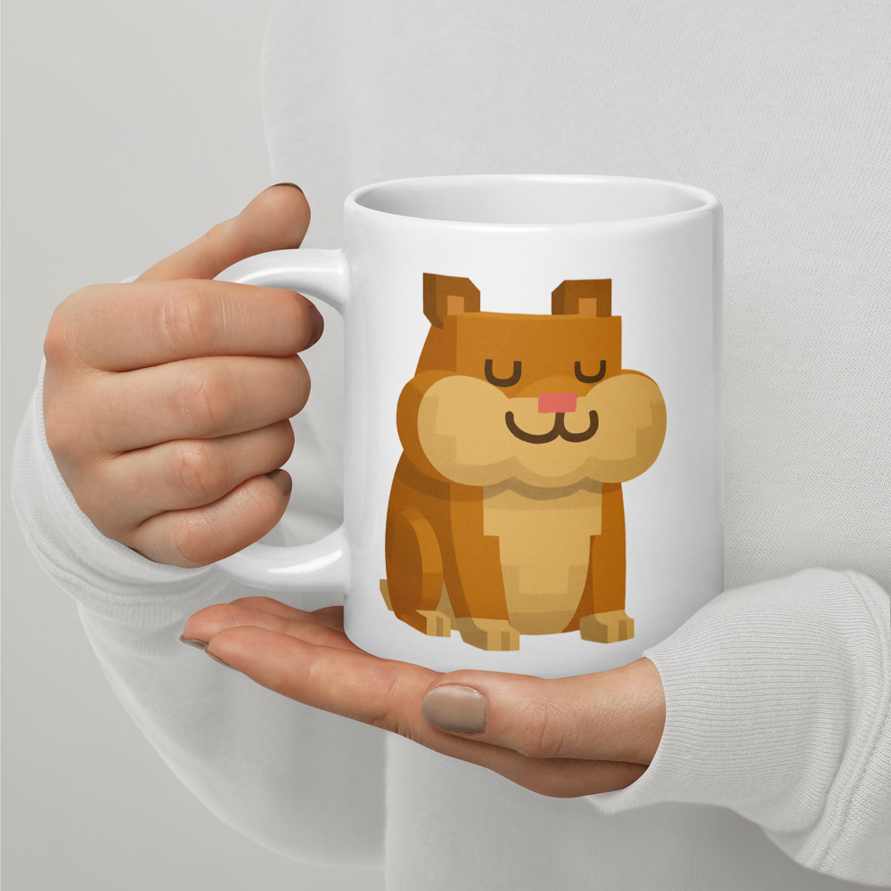 Der zufriedene Hamster – Weiße, glänzende Tasse im Pixelbauwelt-Stil