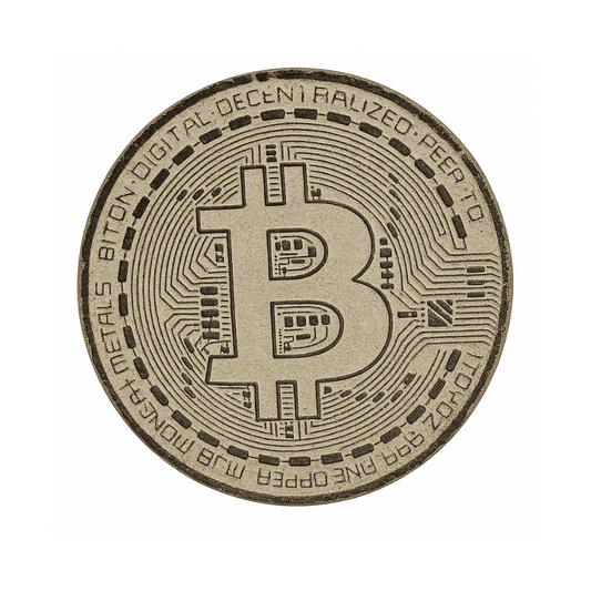 Bitcoin Talisman aus Stahlbeton mit Bewehrungsstahl. Handgegossene Skulptur