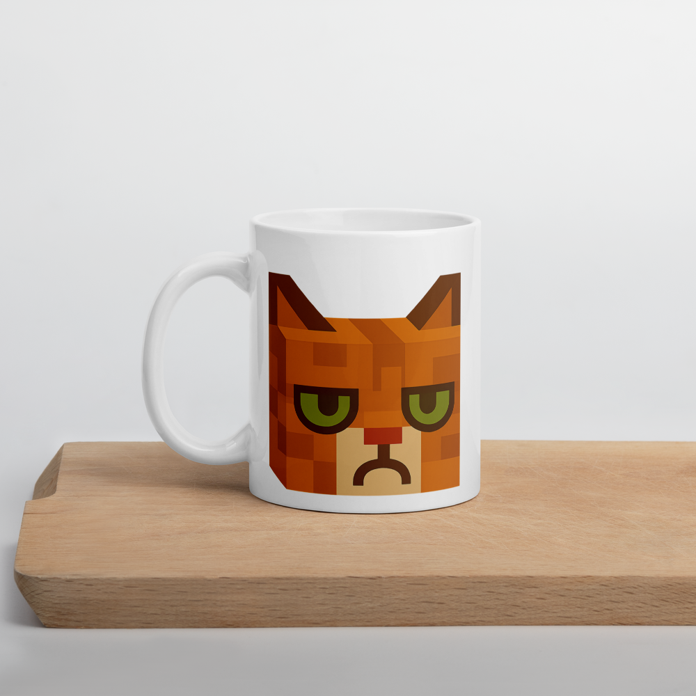 Grumpy Cat – Weiße, glänzende Tasse im Pixelbauwelt-Stil